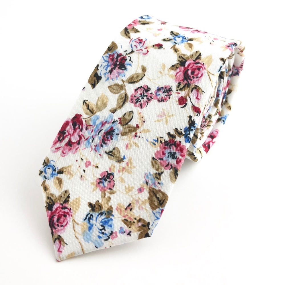 Men’s White & Pink Bohemian Floral Slim Necktie